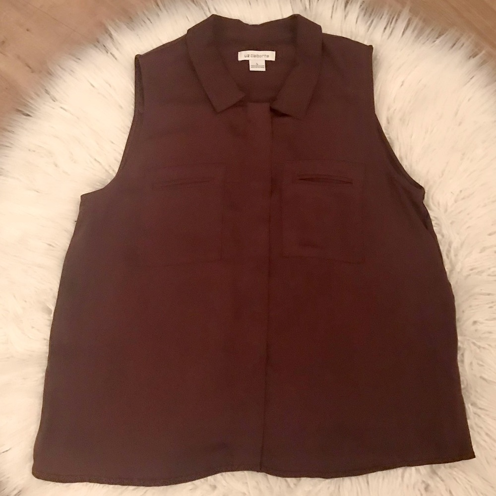 Liz Claiborne Sleeveless Collard Blouse Zipper Front Brown 2 front pockets sz L